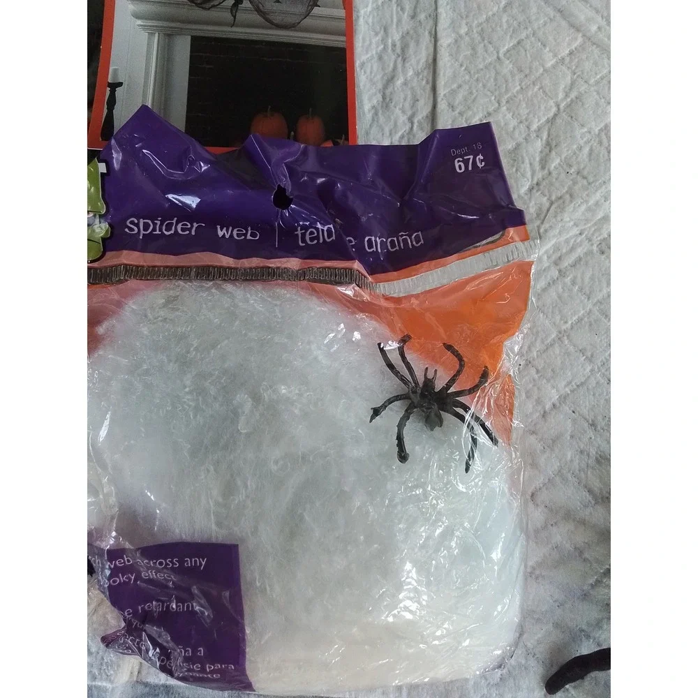Halloween Decor Lot Creepy Cloth Black Gauze Spider Web and Large Spiders Bundle